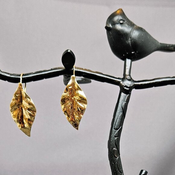 Textured Leaf Earrings, Stamped design w/ Ear Hooks, Gold Plate - 1 1/2" - Picture 2 of 9